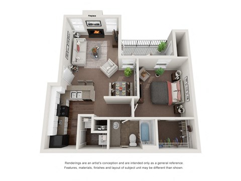 1 Bedroom 3D Floor Plan Seibles A2